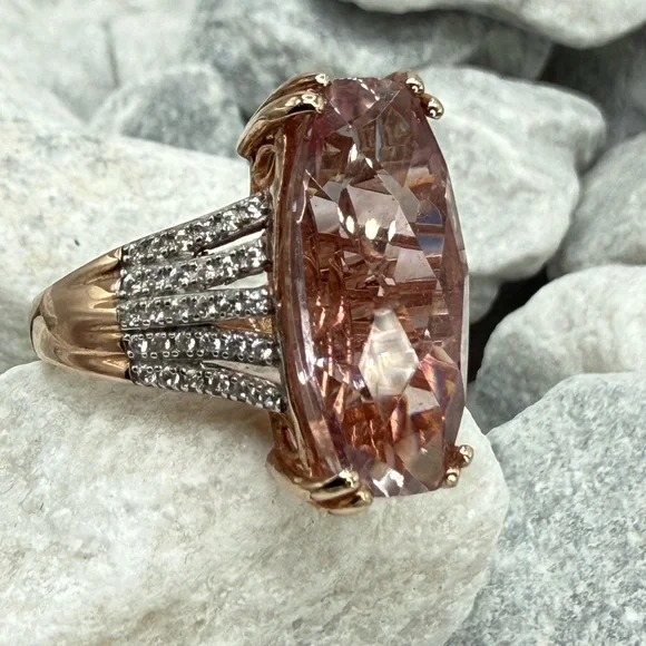 Morganite Cushion Cut Ring Rose Gold Over Sterling CZ Pave Size 7 - Picture 3 of 17